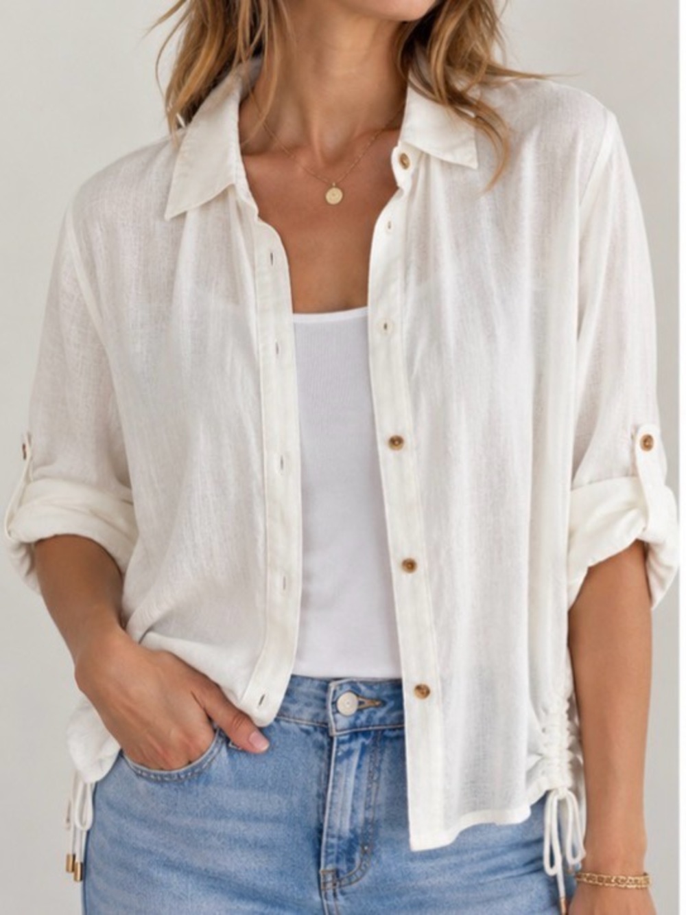 MICHAEL Michael Kors Linen Blend White Ruched Shirt Size M NWT $110